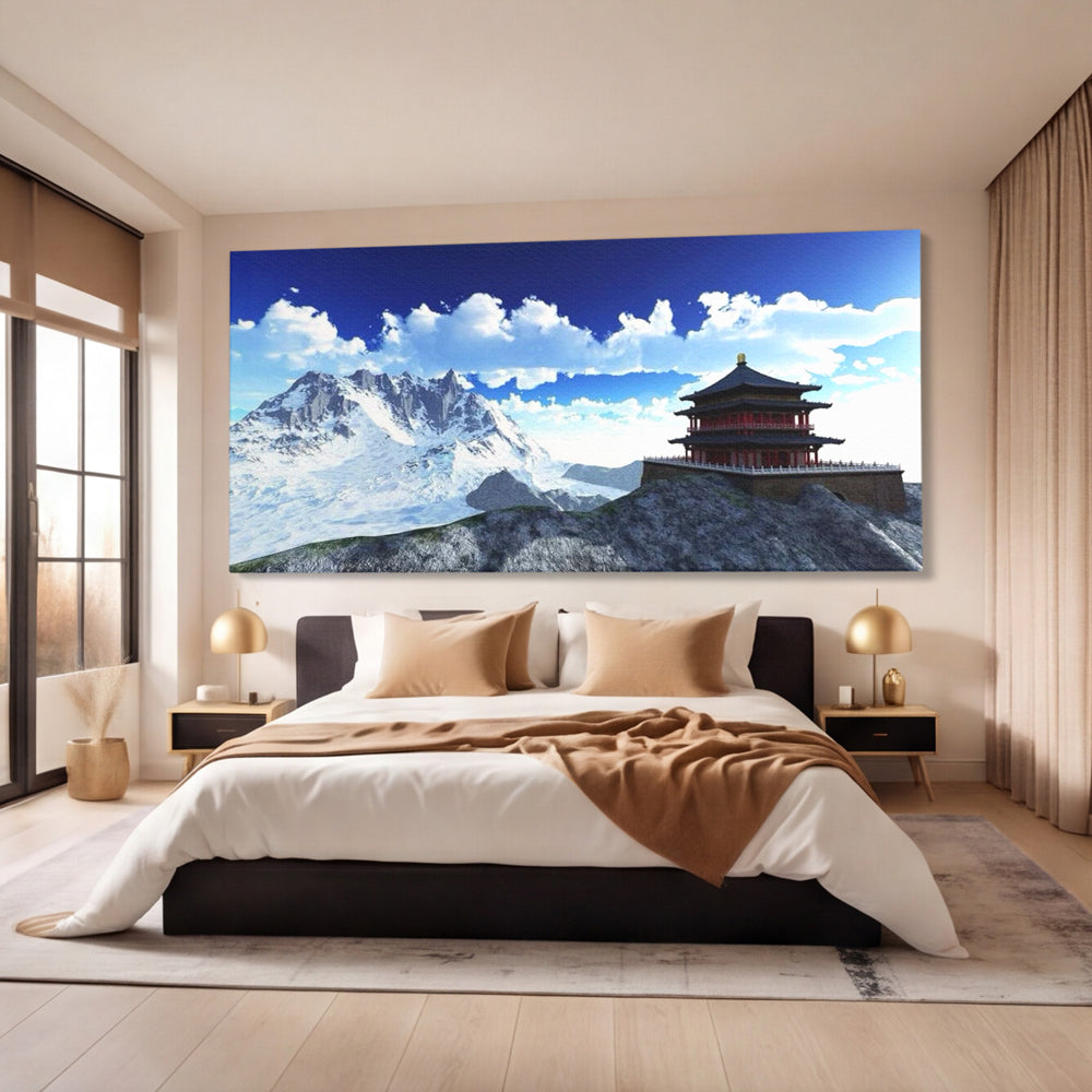 Tablou canvas cu tablou canvas cu templu si munti, fara rama, pe sasiu de lemn, pe perete intr-un dormitor